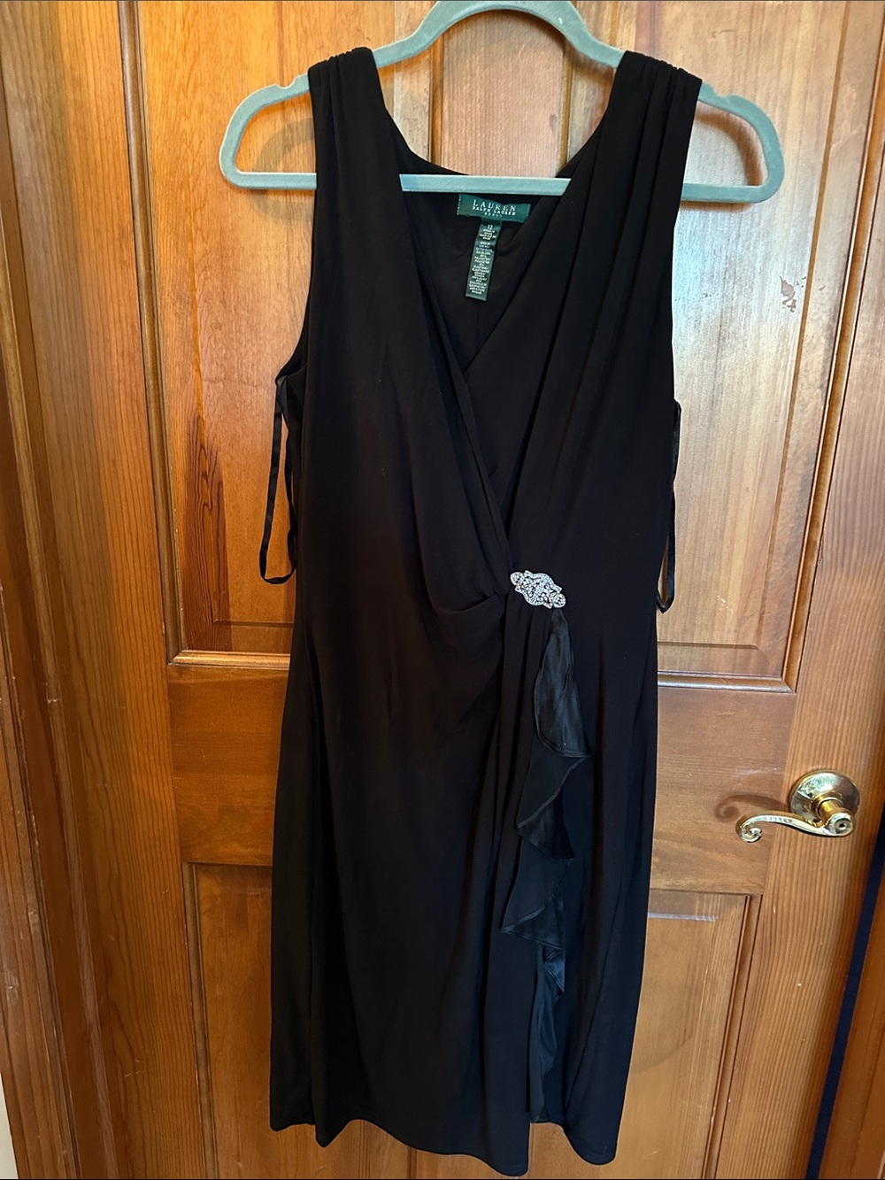 Lauren Ralph Lauren Black Sleeveless Wrap Dress with Brooch Accent